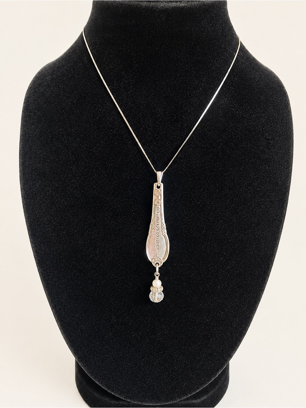 Vintage “Blessed” Spoon Handle Pendant Necklace (c. 1940s–1960s)